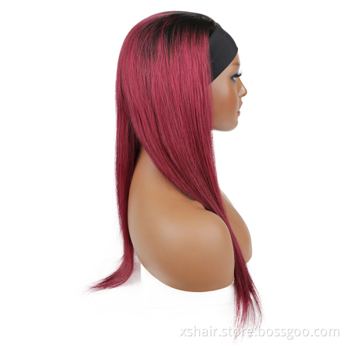 Wholesale 10-30inchs Headband Wig 10a wigs Headband Wig Ombre 99J Burgundy Color Straight Human Hair